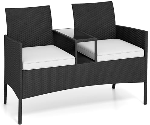 COSTWAY Trädgårdsbänk med bord, 2-sitsig polyrattan sittgrupp, trädgårdsmöbler, trädgårdsmöbler, väderbeständiga balkongmöbler för terrass, trädgård, balkong (vit)