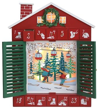 PE Calendrier de l'Avent en Bois 24 Tiroirs avec stores et éclairage LED -Scènes de ski de Noël -Calendrier de l'avent à Remplir Soi Même -Rangement Décoratif et Fonctionnel Les Cadeaux de Noël