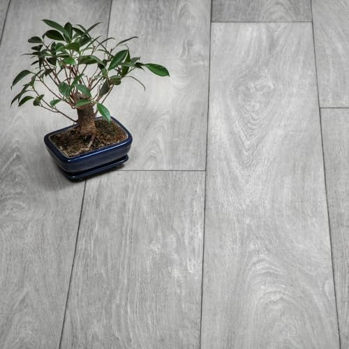 FloorPro Ivy Grey Plank Design Vinyl Roll Flooring Modern Grey Pattern Cushioned Bathroom Kitchen Lino Flooring (1, 2metres x 2metres (6ft 6 x 6ft 6))
