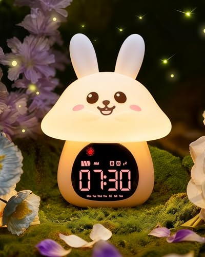 Yiliaw Kinder Schlaflern-Wecker mit Nachtlicht, Ok to Wake Uhr, Doppelalarm, RGB Farben, 6 Wecktöne & Weißes Rauschen, Wiederaufladbar, für Jungen & Mädchen – Hase