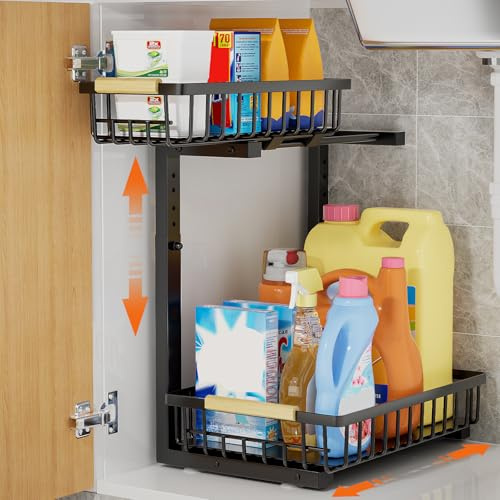 OUUTMEE Rangement sous Évier en Métal, Lot de 1, Noir | Étagère Coulissante, 2 Niveaux, Organisateur sous Evier Réglable en Hauteur, Pour Cuisine, Salle de Bain