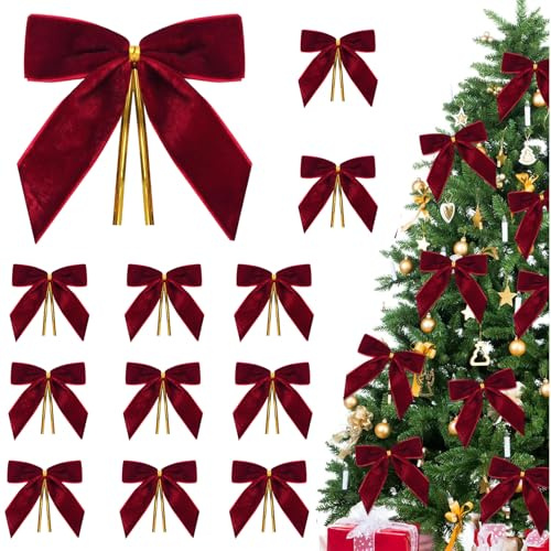 Tarange Schleifen Weihnachtsbaum Deko | Rote Schleifen Weihnachten, 12er Weihnachtsbaum Schleifen Rot Samtschleifen, Weihnachtsschleifen für Girlande, Zaun, Haustür, Kamin (Rot)