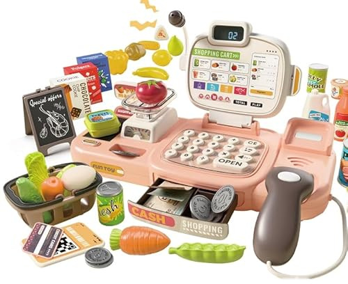 YGVQN Jouet Caisse Enregistreuse pour Enfants avec Scanner et Son, Caisse de Magasin Jouet, 72 Accessoires (Calculatrice, POS, Argent Fictif, etc.) & Musique, Jeu de Rôle pour Garçon Fille de 3+ Ans