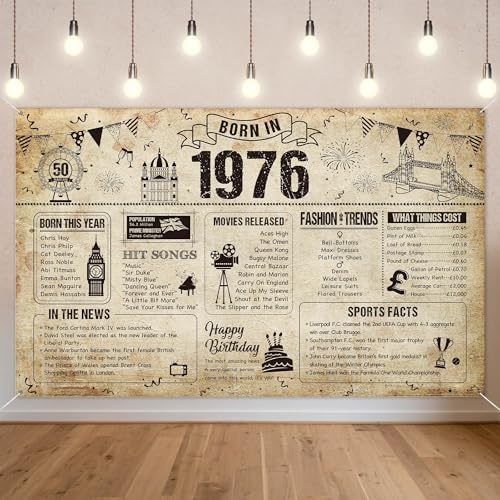 Benjia Decoraciones de pancarta de 50º cumpleaños para hombres y mujeres nacidos en 1976, fondo del Reino Unido, feliz cumpleaños de 50 años, telón de fondo, brindis por 50 años pancartas, póster