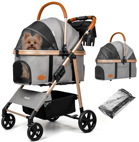 Dog Cat Stroller for Small/Medium Pets up to 50 lbs, 3-in-1 Foldable Pet Stroller with Detachable Carrier, Car Seat, Storage Basket, Cup Holder, Hanging Bag, Rain Cover, All-Terrain 4 Wheels (Grey)