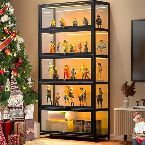 Scribora 5-Tier Display Case Standing, Curio Cabinets, Bookcase with Doors, Transparent a Crylic Doors,Collector Display Case for Living Room, Office, Books, Game Room (Black-flip Door)