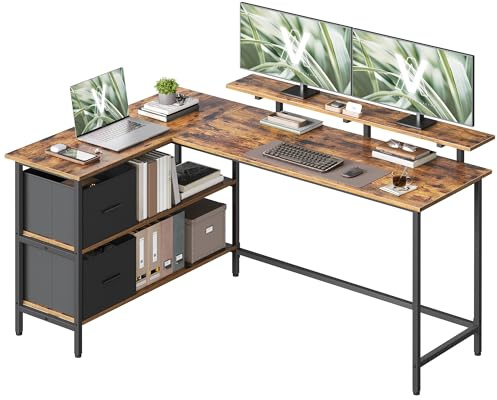 VASAGLE Escritorio en Forma de L, Esquinero, con 2 Amplios Cajones, Mesa con Soporte para Monitor, para Esquina, con Estante Ajustable, para Oficina Casa, 155 x 105 cm, Marrón Rústico LWD129K101