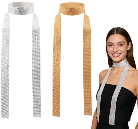 GYIOFAI 2 Pezzi Sciarpa di Glitterata da Donna, Carnevale Festa Metallico Sciarpa Sottile Paillettes Collana con Paillettes Moda Cravatta Glitter Retrò Discoteca Accessories per Cosplay (2 Colori)