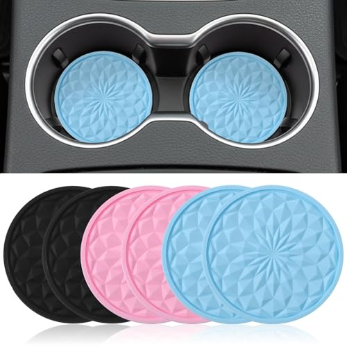 6 Pack Cute Car Cup Coaster 2.72 inch Universal Cup Holder Mats for Cars, Inserts Aesthetic Non-Slip Recessed Auto Car Interior Accessories for Women Men Cupholder Interior (Black/Blue/Pink)