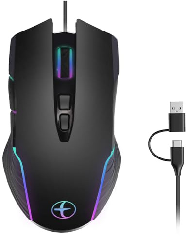 Fegtrtyoa Souris de Filaire Ergonomique à Déplacement, Rétroéclairage RVB USB/Type-C, 4 DPI Réglables, Maintient L'Ordinateur Actif.