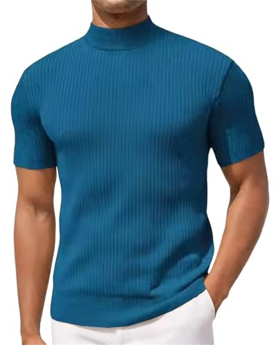 Maglione da Uomo a Collo Alto, Maniche Corte, a Coste, Pullover Casual, Basic, Tinta Unita, Leggero, Estivo.