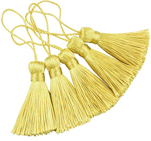 20er Set 10.9cm Seidige Mini Quasten für DIY Basteln-Hell Gold | Handgemachte Quasten Anhänger mit 5cm Kordelschlaufe und Chinesischem Knoten für Ohrringe,Lesezeichen,Schmuck Basteln
