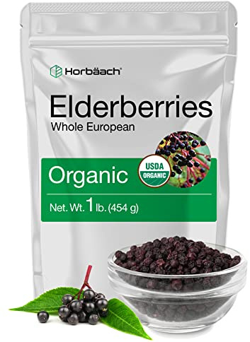 Horbäach Elderberries Dried Organic | 1 lb Bulk Bag | Whole European | Non-GMO, Gluten Free | Sambucus Nigra