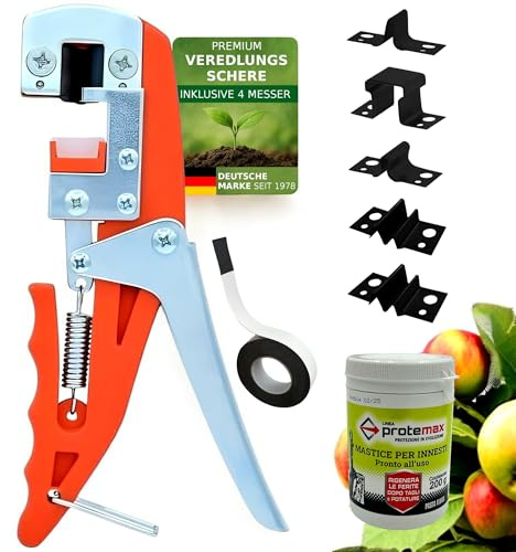 GARTENPAUL Premium Veredelungsschere Set mit 4 Messer, inkl 5m Veredelungsband und Baumwachs, Omega V W Okulation, Veredelungsmesser Veredelungszange Gartenschere Rosenschere, 30 Jahre Qualität