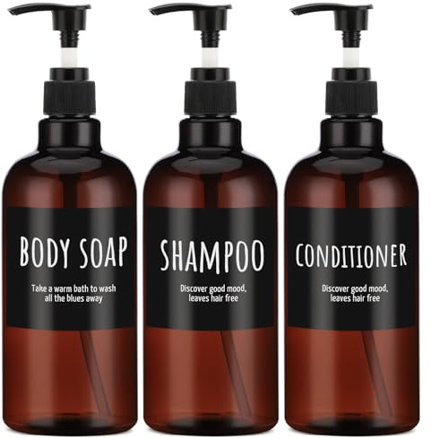 Segbeauty 500ml Shampooflasche Nachfüllbar, 3pcs 16.9oz Shampoospender mit Etikett, Leere Pumpflaschen für Körperseife Shampoo Conditioner Dusche, brauner Plastikpressespender