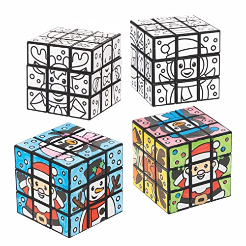 Baker Ross FC171 Cubos de Rompecabezas Navideños para Colorear - Paquete de 4, Juguetes de Rompecabezas, Rellenos de Calcetines para Niños, Manualidades Navideñas para Niños