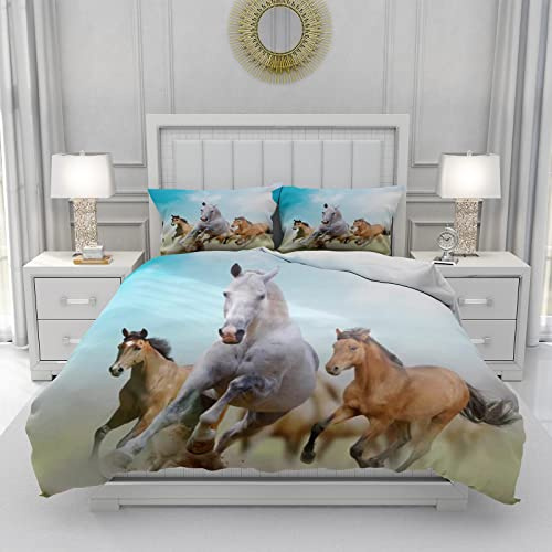 JEFFEL Set di Biancheria da Letto per Cavalli con Stampa 3D, Copripiumino con Cerniera, Incluso 1 Copripiumino e 2 Federe, Biancheria da Letto per Ragazzi e Ragazze (220x240cm, Cavalli -4)