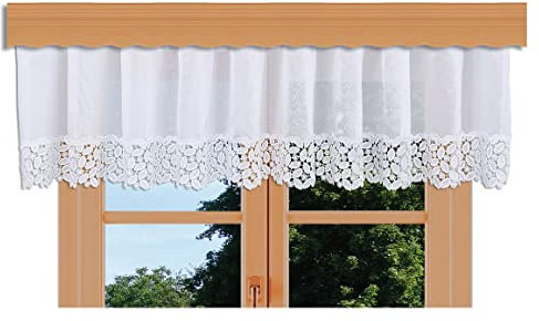 Querbehang Carmelita mit Vogtländischer Spitze in weiß | klassischer Dekobehang im Blätterdesign mit breiter Spitzenkante | wunderschöne Blumengardine handgefertigt | Volant Höhe x Breite 30 x 150 cm