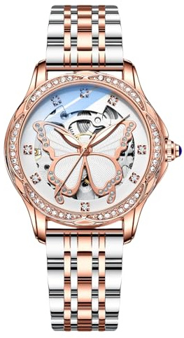 rorios Damklockor lysande skelett armbandsur automatiska mekaniska klockor läderband, Roséguld, 220MM, Armband