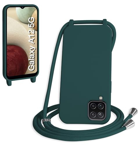 WenBaby Handykette für Samsung Galaxy A12 Hülle mit Band,Handyhülle mit Schnur zum Umhängen Silikon Seil Necklace Schutzhülle mit Kordel Tasche Case TPU Bumper für Galaxy A12- Dunkelgrün