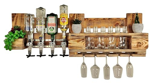 Whisky-Regal Wandbar mit Getränkespender 4 Dosierer Whiskey-Bar Weinregal aus Palette 4 Whiskeygläser Schnapsbar mit Flaschenhalter Weinbar beflammt für 5 Weingläser incl. Aufhängung Palettenmöbel