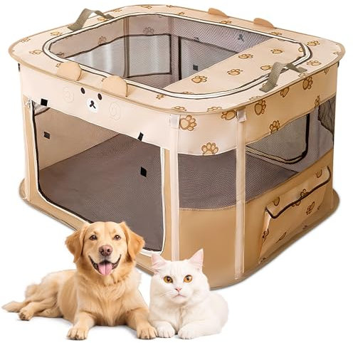 ALLSOPETS Welpenauslauf Faltbarer Laufstall Hund Katze, Tragbarer Welpenlaufstall Hundebox Freigehege mit Tragetasche für Innen, Außen, Reisen und Camping (Brauner Bär, M)