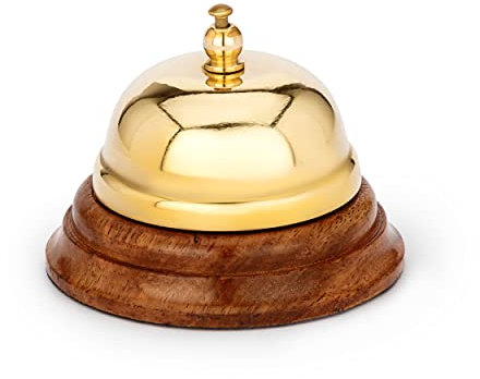 NKlaus Maritim Tresenglocke aus Messing massiv Gold mit Holzsockel 8x6cm Tischklingel 11587