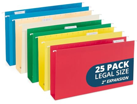 25 Blue Summit Supplies Legal Size Hanging File Folders - Assorted Colors, 2 Expansion, Legal Hanging File Folders for Filing Cabinet, 9.5 x 14.75, 11PT Paper Stock with Tabs and Inserts Included
