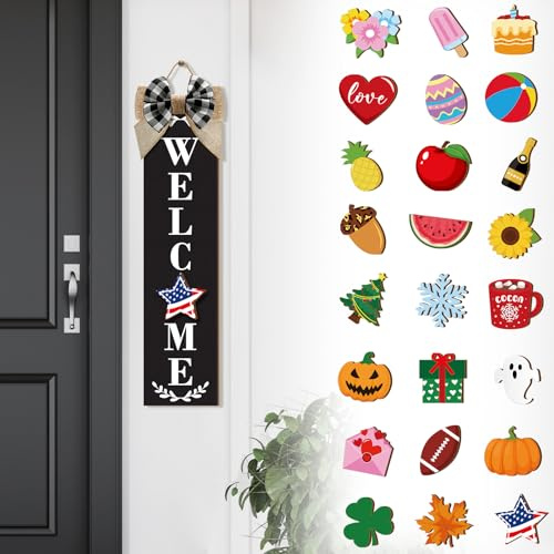 Sintuff Austauschbares Willkommensschild für Haustür, Holz-Veranda-Schild mit 24 saisonalen Symbolen, Zuhause, Bauernhaus, Willkommens-Outdoor, saisonale Symbole, Halloween, Festival, Dekoration