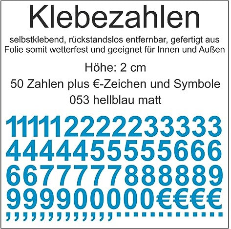 Aufkleber Sticker Klebezahlen Klebezahl Zahlen Zahl Nummern aus Folie 50 Zahlen blau hellblau matt Höhe 2 cm selbstklebend wetterfest Nummerierung Preisauszeichnung Beschriftung Modellbau verzieren
