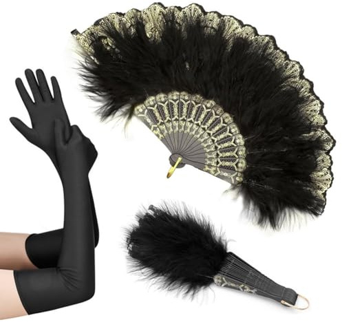 SamHeng Vintage Feather Fan & Satin Gloves, 1920s Style Folding Handheld Feather Fan Hand Fan Long Evening Gloves Elbow Gloves for Gatsby Party Dancing Wedding Prom Tea Party Photo Props (Black)