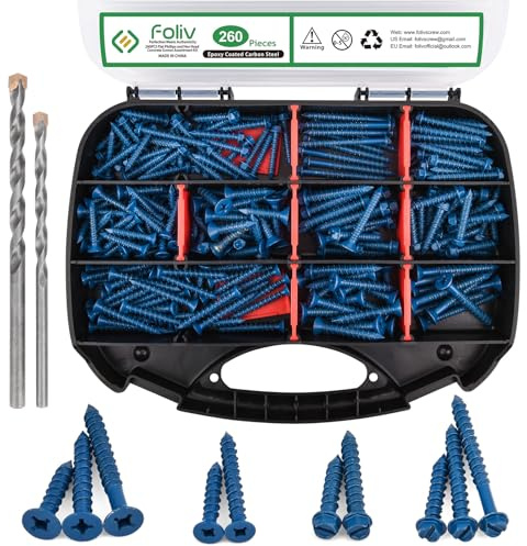 FOLIV 260PCS Concrete Screws with Drill Bit, 1/4 3/16 Concrete Screw Assortment Kit, Flat & Hex Head Masonry Block Brick Cement Screws and Anchors, Diamond Point, Length from 1-1/4” to 2-1/4”