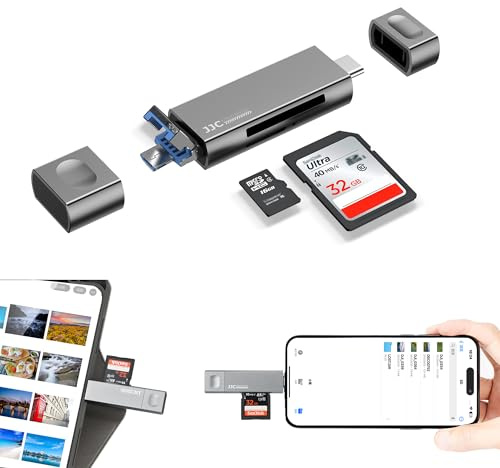 JJC Lector de tarjetas SD USB 3.0 de metal para iPhone 15 Pro Max Plus, 3 en 1 USB 3.0 Micro USB 2.0 USB-C 3.0 Lector de tarjetas externo para tarjetas de memoria SD SDHC SDXC Micro SD TF Micro SDHC M