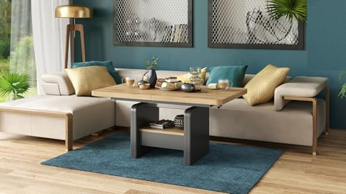 Lexus Couchtisch Eiche Artisan´/ Anthrazit matt ausziehbar höhenverstellbar mit Schublade 120/180 cm modern Wohnzimmertisch Esstisch abgerundete Ecken Sofatisch platzsparend hochwertig Wohnzimmer