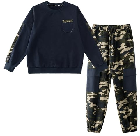 LOLANTA Ensemble de survêtement bloc de couleur pour garçons en 2 pièces Sweatshirt & Pantalon Cargo Camouflage, Bleu, 11-12 ans, 160
