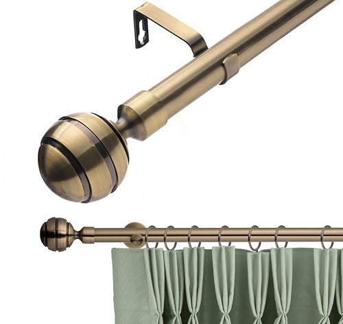 Lister Cartwright 28mm Antique Brass Adjustable Telescopic Extendable Metal Curtain Pole Set with Ribbed Ball Finial Voile Easy fit to Outdoor, Bedroom, Living Room (70-120 cm)