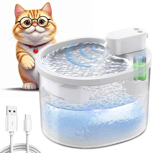 EBUYFIRE Fuente para Gatos 2,5L, Fuente para Gatos sin Cable con Detector de Movimiento, Fuente de Agua Fria para Gatos con Batería de 4000 mAh, 3 Modos, Bebedero Gatos con Sensor, Blanco, 2 Filtros