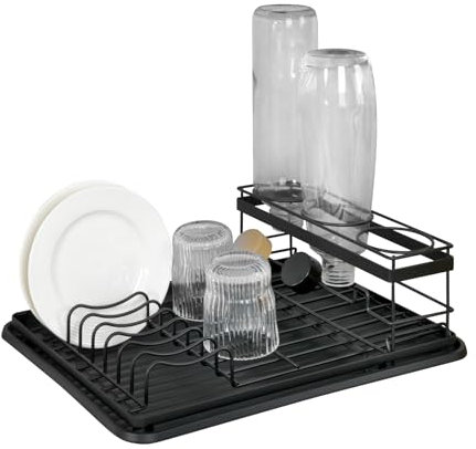 WENKO Geschirrabtropfer mit Flaschenhalter Amy, Abtropfgestell für die Spüle, abnehmbare Komponenten, Tablett aus recyceltem Kunststoff, Schwarz