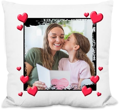 True Statements Foto-Kissen personalisiert mit eigenem Bild „Foto-Rahmen mit Herzchen“ - 40x40cm, inkl. Kissen-Füllung | Geschenk-Idee Muttertag & Geburtstag Zierkissen Deko (flauschig)