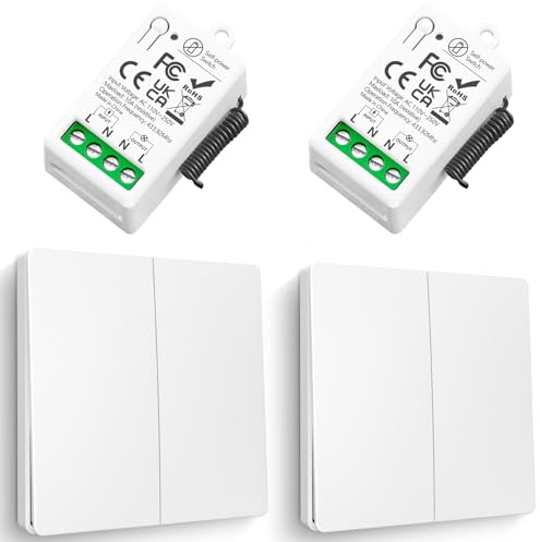 kit Interrupteur Sans Fil, Tedeligo Interrupteur Auto Générateur Relais 220V Mini Récepteur Rf émetteur Radio Télécommande 50 Mètre Contrôle De Portée Pour Les Lumières (2 Télécommandes 2 Récepteurs)