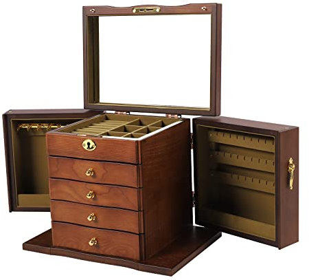 Konfiur Holz Schmuckkasten, Retro 5 Schichten Schmuckkasten, Freistehend Schmuckkoffer mit Schublade Spiege, Große Kapazität Aufbewahrungsbox Organizer für alle Arten von Schmuck, Braun