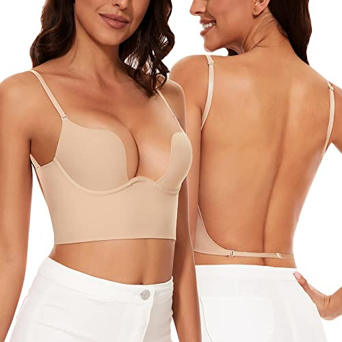 Willuhwisly Low Back Bras for Women-Lightly Lined Seamless Invisible Backless Bra-Secret Plunge Bra Open Back Multiway Halter Bras (Nude, 36DD)