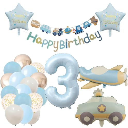 Dekoration 3-års- kalas pojke traktor, födelsedagsdekoration 3 år, flicka ballong 3-års- kalas, pastellblå ballong, siffra 3, partydekoration