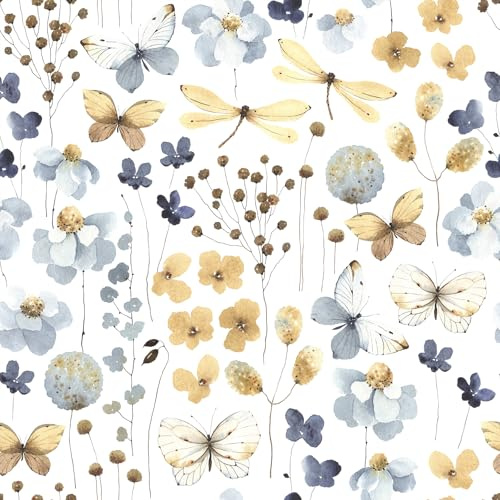 VEELIKE Tapete Blumen Blau Schmetterlinge und Libellen Blumentapete Vintage Aquarell Mustertapete 44.5cm x 300cm Selbstklebende Tapete Blumen Wand Dekoration Schlafzimmer Badezimmer Schrank Abnehmbar
