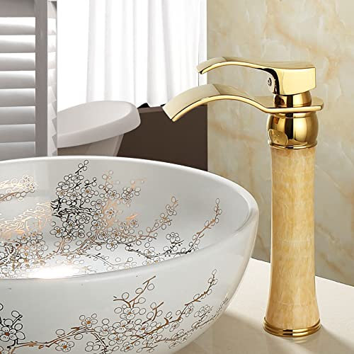 CCKUHN All Copper Natural Jade Undercounter Basin Hot and Cold Gold Faucet Waterfall Countertop Basin Gilded Faucet