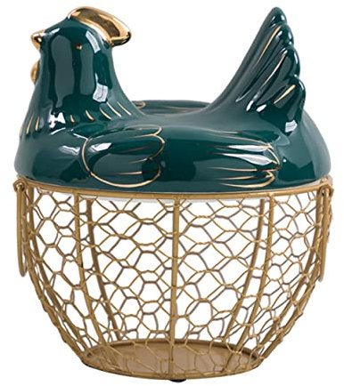 OKUMEYR Wrought Iron Egg Basket with Lid – Handheld Decorative Kitchen Egg Container in Green and Gold – Multi-function Chick Shape Storage Box for Fridge and Countertop Use