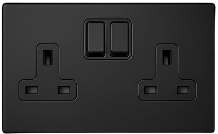 SHPELEC® Matt Black Screwless 2 Gang Plug Socket 13A – 4mm Slim Metal Plate Double Socket for Modern UK Electrical Installations