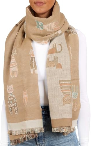 BRUBAKER Cashmirillo Damen Schal mit Katzen Muster - 70 x 200 cm - Warm und Kuschelig - Winterschal für Herbst und Winter - Herbstschal - Weiches Kaschmir-Gefühl - Braun und Beige