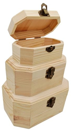 Anktily, set di 3 cofanetti in legno, 3 dimensioni, scatola portaoggetti in legno non rifinita con chiusura e coperchio incernierato, scatola organizzativa fai da te per la conservazione di cimeli