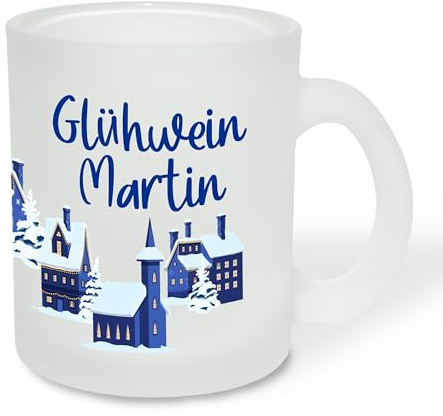 True Statements Geschenk für Glühwein-Fans: Glastasse „Blaue Stadt“ mit Namen personalisiert - Geschenkidee Weihnachten zur Adventszeit & Weihnachtszeit - Glastasse satiniert, ca. 300ml